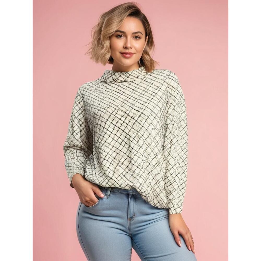 Lands' End Women's 3XL Plaid Turtleneck Long Sleeve Blouse Multicolor Casual
